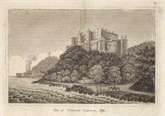 Engraving of Wemyss Castle, Fife, from shore below. There are sheds on shore to the west. Titled 'View of Wemyss Castle, Fife. 43. D. B. Pyet Sc.'