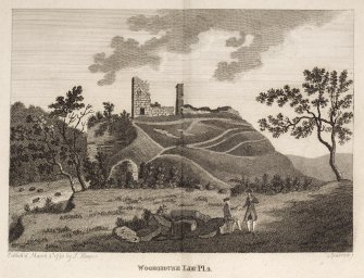 Engraving of Old Woodhouselee Castle showing ruined tower on a raised mound.Titled 'Woodhouse Lie. Pl 2. Publish'd March 8th 1790 by J. Hooper. Sparrow Sc.'
