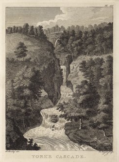 Engraving of Yorke Cascade. Titled 'Yorke Cascade, P.Sandby del. P. Mazell sculp.' [This engraving appeared in Pennant, T. 'A tour in Scotland,' (3rd edit. 1774) Vol.1 Pt.1, p118.]