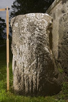 View of Birnie Pictish symbol stone (with scale)