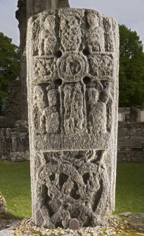 View of front of Pictish cross slab at Elgin Cathedral