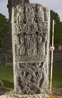 View of front of Pictish cross slab at Elgin Cathedral (with scale)