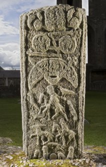 View of rear of Pictish cross slab at Elgin Cathedral