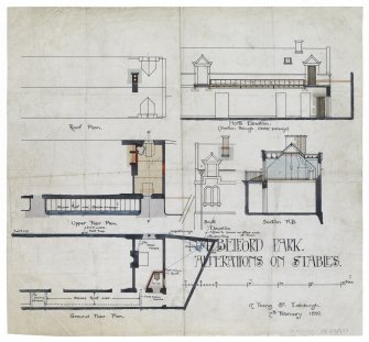 Roof and ground floor plans, section and North elevation showing details of alterations to stables.
Title: 4 Belford Park. Alterations on Stables.