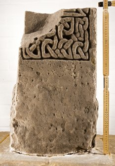 View of fragment of shrine post with carved interlace pattern (with scale)