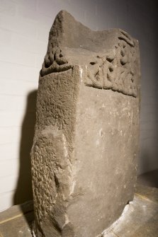 View of shrine post showing interlace decoration on two surfaces