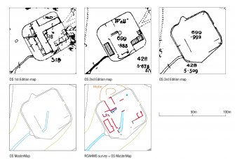 Comparative plans of map and survey depictions of the remains of Eaglesham mill.