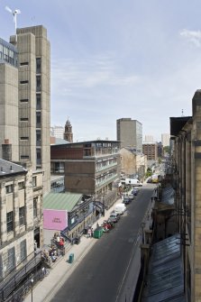 View looking east along Renfrew Street, showing the Student Union, Newbery Tower and Foulis Building on the north side and the Mackintosh building to the south, taken from the roof of the Bourdon Building