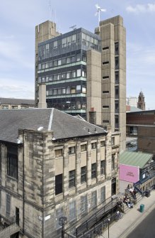 View looking east at the Student Union and Newbery Tower, taken from the roof of the Bourdon Building