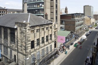 View looking east along the north side of Renfrew Street, showing the Student Union, Newbery Tower and Foulis Building, taken from the roof of the Bourdon Building