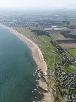 Oblique aerial view of Lundin Links golf Course, with Leven Links and Scoonie Municipal courses beyond, taken from the ENE.