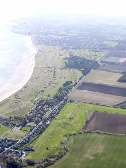 Oblique aerial view of Lundin Ladies Golf Course, with Lundin Links, Leven Links and Scoonie Municipal courses beyond, taken from the NE.