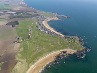 General oblique aerial view across Earlsferry Links, with Elie Golf Course to fore and Elie Sports Golf Course beyond, taken from W.