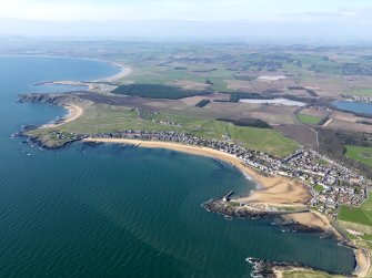 General oblique aerial view across the village of Elie and Earlsferry Links, with Elie Golf Course to left and Elie Sports Golf Course to right, taken from SE.