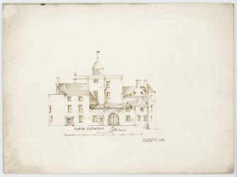 Drawing showing North elevation of Hatton House and detail of moulding to cellar door
From a portfolio of drawings titled: 'Hatton House, Alterations for William Whitelaw, Esq.'
