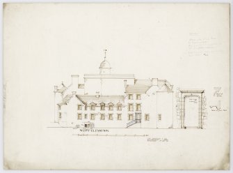 Drawing showing West elevation of Hatton House and details of garden door and cornice and jamb moulding of door
From a portfolio of drawings titled: 'Hatton House, Alterations for William Whitelaw, Esq.'
