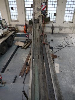 Interior. Crane 1 demolition. EAst beam from above showing the east walkway and the top end of the beam with its cross traveller rail