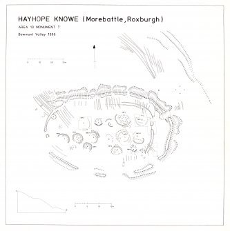 Survey Drawing: Plan of settlement, showing ramparts, palisade trenches and structures within.  Plan includes features revealed by excavation; profile of rampart.