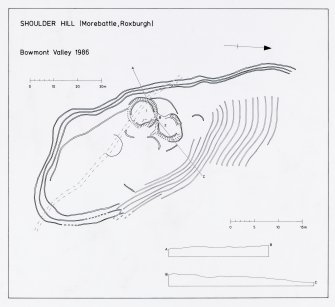 Survey Drawing: Plan of palisaded settlement, showing features within; profile of settlement across double ring-ditch house.