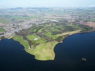 General oblique aerial view of Kinross House and the gold courses, taken from the SE.