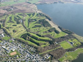 General oblique aerial view of the Kinross golf courses centred on the Mongomery Golf Course, taken from the SSW.