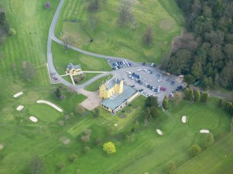 Oblique aerial view of Pitfirrane Tower House, taken from the SW.