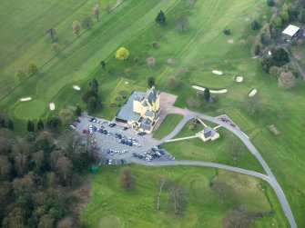 Oblique aerial view of Pitfirrane Tower House, taken from the ENE.