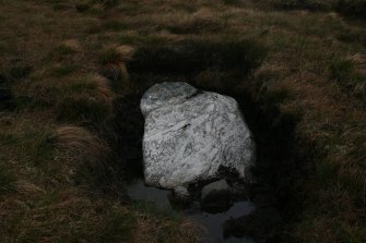 View of fallen monolith and packing stones in peat cutting on NW arc of circle.