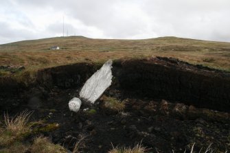 View of leaning monolith and packing stones exposed in peat cutting on N arc of circle.