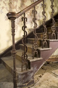 Interior view of ground floor stair hall with detail of newel and balusters on staircase, Brough Lodge, Fetlar.