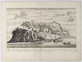 Pl.5 View of Dumbarton Castle from the east. Copy of copper plate engraving titled 'Facies Arcis Britannodunensis ab Oriente 
. The prospect of ye Castle of Dumbritton from ye east. This plate is most humbly inscribed to the Right Hon.ble the Lord Forrester etc.'