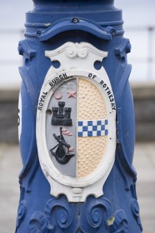 Detail of town coat of arms on Victorian lamp standard on Argyle Place, Rothesay, Bute