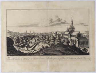 Pl. 17 Glasgow from the North East. Copy of copper plate engraving titled 'Facies Civitatis Glasgow ab Oriente Estebo. The prospect of ye Town of Glasgow from ye North East.'