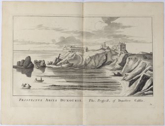 Pl.31 Dunnottar Castle. copy of copper plate engraving titled 'Prospectus Arcis Dunotrie. The prospect of Dunotter Castle.'