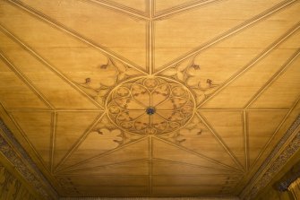 Ground floor, dining room, view of ceiling with trompe l'oeil panelling. Dunninald Castle