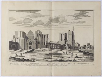 Pl.41 Arbroath Abbey. Copy of copper plate engraving titled 'Prospectus Caenobij Aberbrothiae The Prospect of the Abbey of Aberbrothick. This plate is most humbly inscribed to The Honble. Collonell Robert Murray.'
