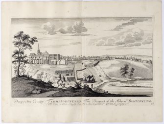 Pl.46 Dunfermline Abbey. Copy of copper plate engraving titled 'Prospectus Cenoby Fermelodunensis The prospect of the Abby of Dumfermling. This plate is most humbly inscribed to the Right Honble. John, Earl of Lesley etc.'