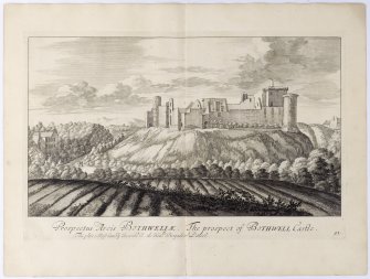 Pl.51 Bothwell Castle. Copy of copper plate engraving titled 'Prospectus Arcis Bothwellae. The prospect of Bothwell Castle. This plate is most humbly inscribed to the Honble. Brigadier Dalzel.'