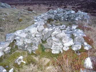 View from SSW of two compartment shieling hut on NW of cairn.