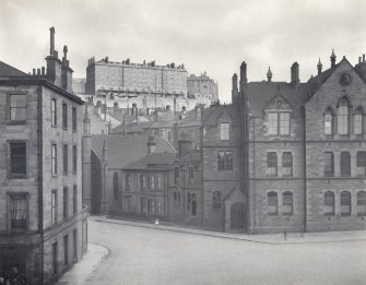 Edinburgh, Cambridge Street with Free Gaelic Church (later United Free Church) and Lothian Road Public school (now the site of the Usher Hall)
View from W.
Signed: 'J.Drummond Shiels' 'Edinburgh'.
Label on reverse reads: 'From J.Drummond Shiels. Successor to Alexander Nicol. Photographer, 70 and 72 Lauriston Place, Edinburgh'.