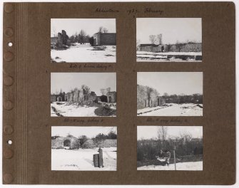 Six album photographs showing remains of previous house in snow.
Page titled: 'Addistoun 1937. February' 
PHOTOGRAPH ALBUM NO.145: ADDISTOUN
