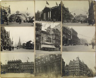 Nine album photographs showing views of Edinburgh decorated for the coronation of Edward VII.  
