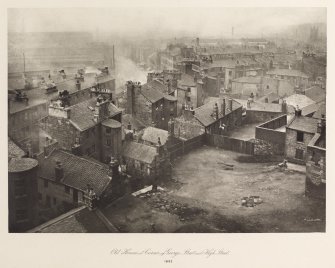Elevated view of the back of houses at the corner of George  Street and High Street, Glasgow inscribed 'Old houses at corner of George Street and High Street, 1868'. Copied from 'Old closes and streets [of Glasgow]: a series of photogravures 1868-1899', printed for the Corporation of Glasgow, July 1900, Plate 40.
