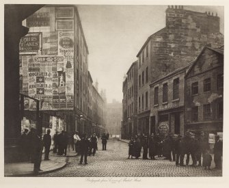 View of Bridgegate, Glasgow inscribed 'Bridgegate from corner of Market Street, 1899'. Copied from 'Old closes and streets [of Glasgow]: a series of photogravures 1868-1899', printed for the Corporation of Glasgow, July 1900, Plate 49.