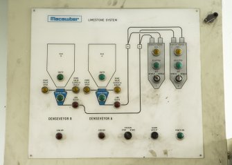 Interior. Banbury Building, First Floor, rubber mixing area. Detail of schematic diagram attached to Mix machine feeding the Banbury Mixer below. CAlcium carbonate or limestone is added to redunce the manufacturing costs of rubber. This building was built in 1947 to hold the now redundant Banbury Mixer which is located on the ground floor of this building. This floor and the floor above is where ingredients were added to the mix via hoppers.