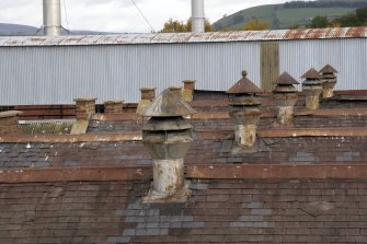 Detail from S of roof vents on post-1913 foundry building with conveyor beyond.