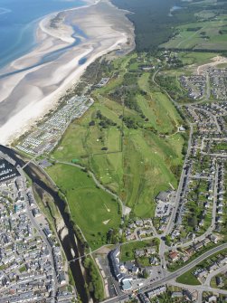 Oblique aerial view of Nairn Dunbar Golf Course, taken from the SW.