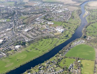 General oblique aerial view of North Inch Golf Course with the City of Perth adjacent, taken from the E.