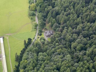 Oblique aerial view of Drumlanrig Estate Low Gardens House, taken from the N.