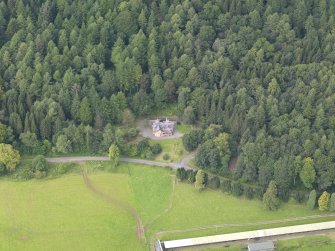 Oblique aerial view of Drumlanrig Estate Low Gardens House, taken from the E.